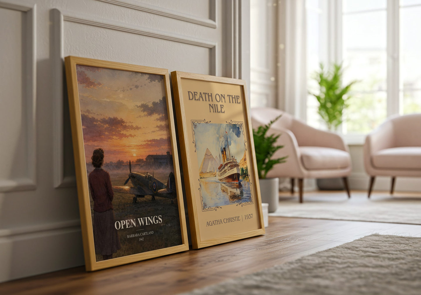 Open Wings watercolour print framed by window – literary home decor