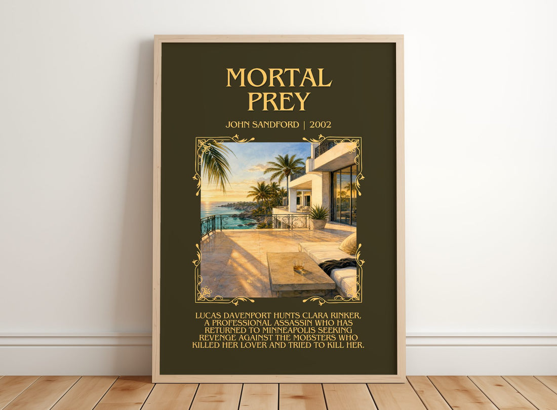 Mortal Prey Minimalist Book Poster by John Sandford – framed print leaning on a wooden floor