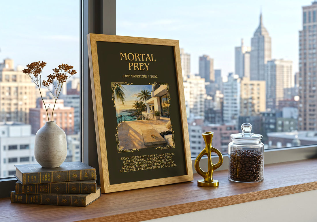 Mortal Prey Minimalist Book Poster by John Sandford – framed print on a city-view windowsill