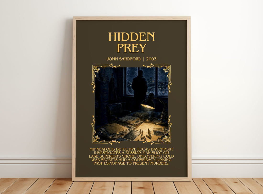 Hidden Prey Minimalist Book Poster by John Sandford – framed print leaning on a wooden floor