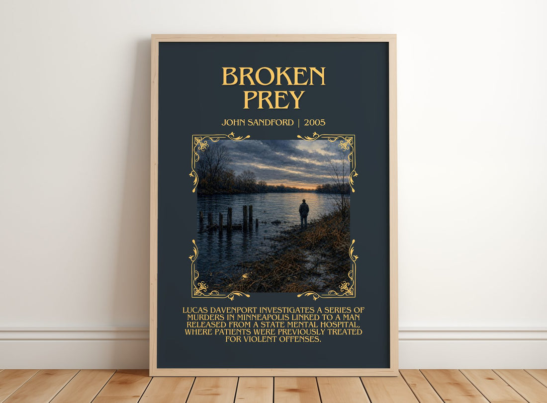 Broken Prey Minimalist Book Poster by John Sandford – framed print leaning on a wooden floor