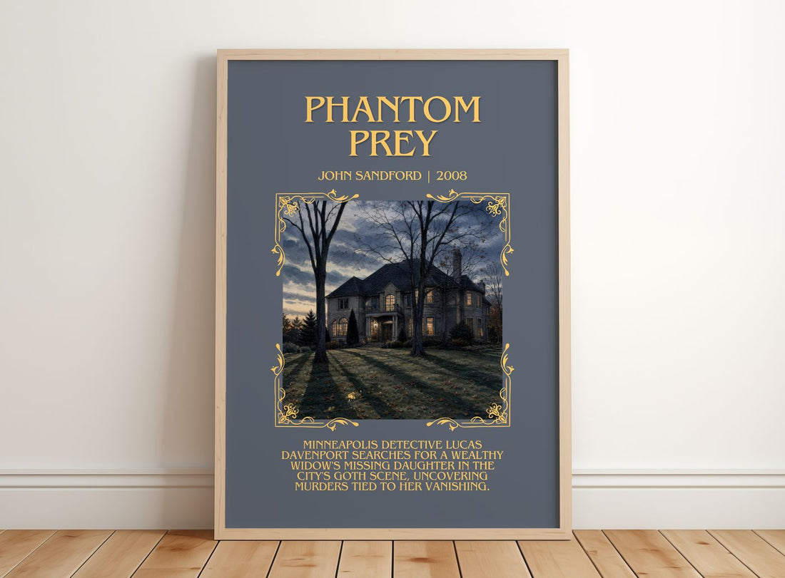 Phantom Prey Minimalist Book Poster by John Sandford – framed print leaning on a wooden floor