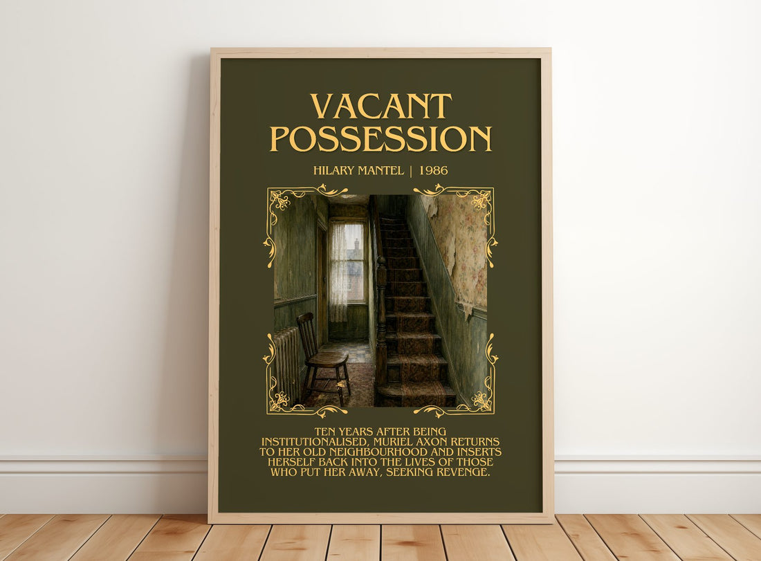 Vacant Possession Minimalist Book Poster by Hilary Mantel – framed print leaning on a wooden floor