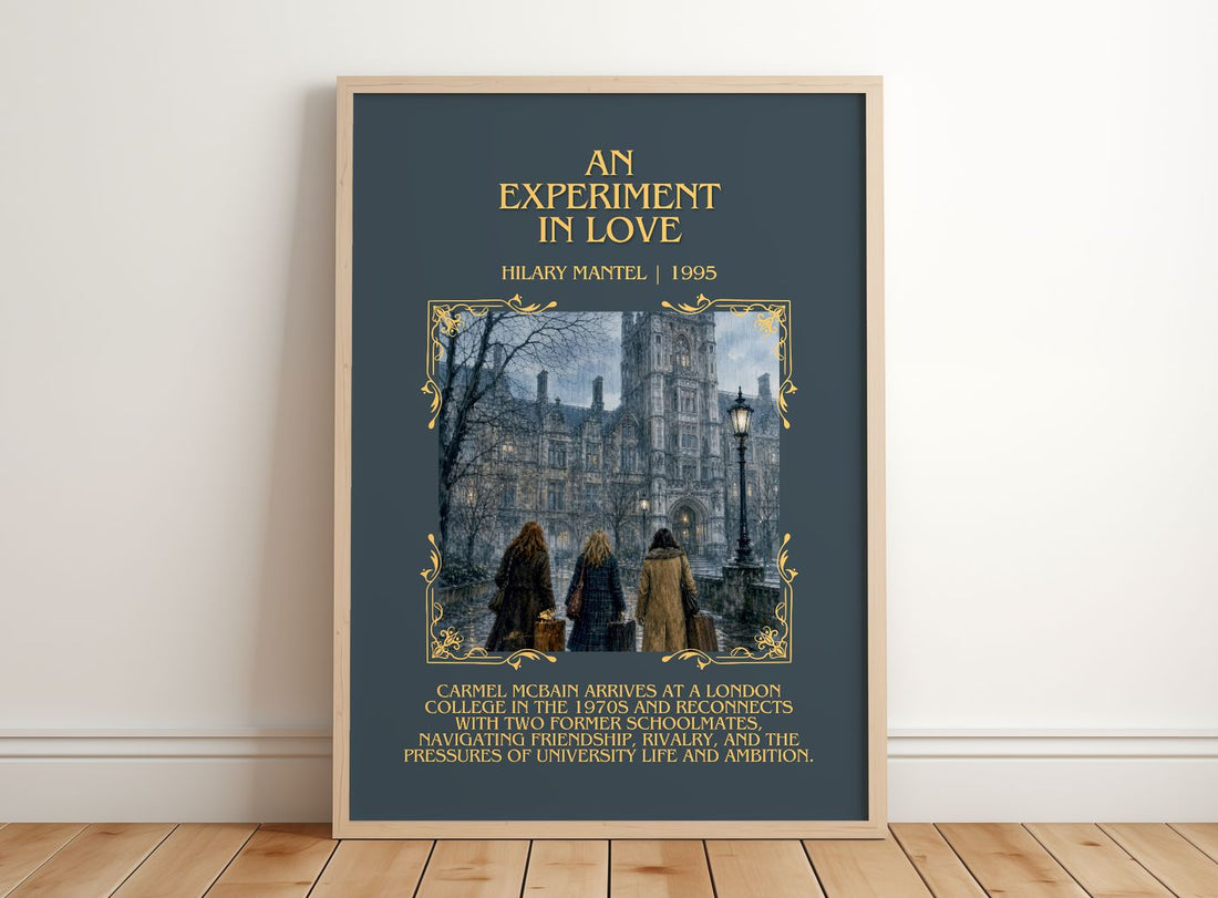 An Experiment in Love Minimalist Book Poster by Hilary Mantel – framed print leaning on a wooden floor
