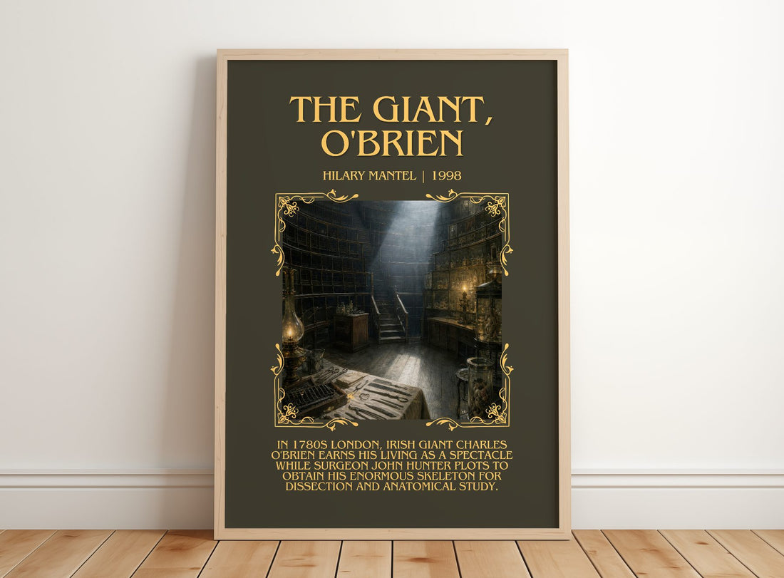 The Giant, O'Brien Minimalist Book Poster by Hilary Mantel – framed print leaning on a wooden floor