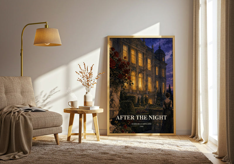 After The Night watercolour print in frame leaning in hallway – romance wall art