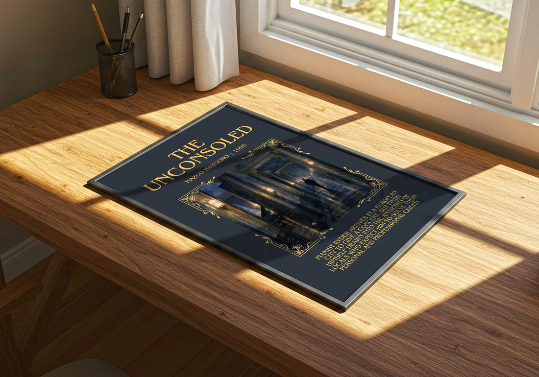 The Unconsoled Minimalist Book Poster by Kazuo Ishiguro – print on a sunlit desk