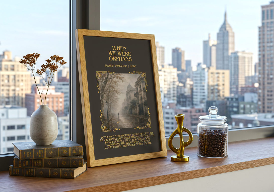 When We Were Orphans Minimalist Book Poster by Kazuo Ishiguro – framed print on a city-view windowsill