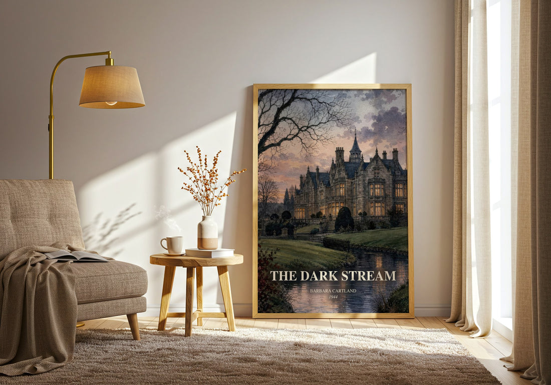 The Dark Stream watercolour print in frame leaning in hallway – romance wall art (mockup)