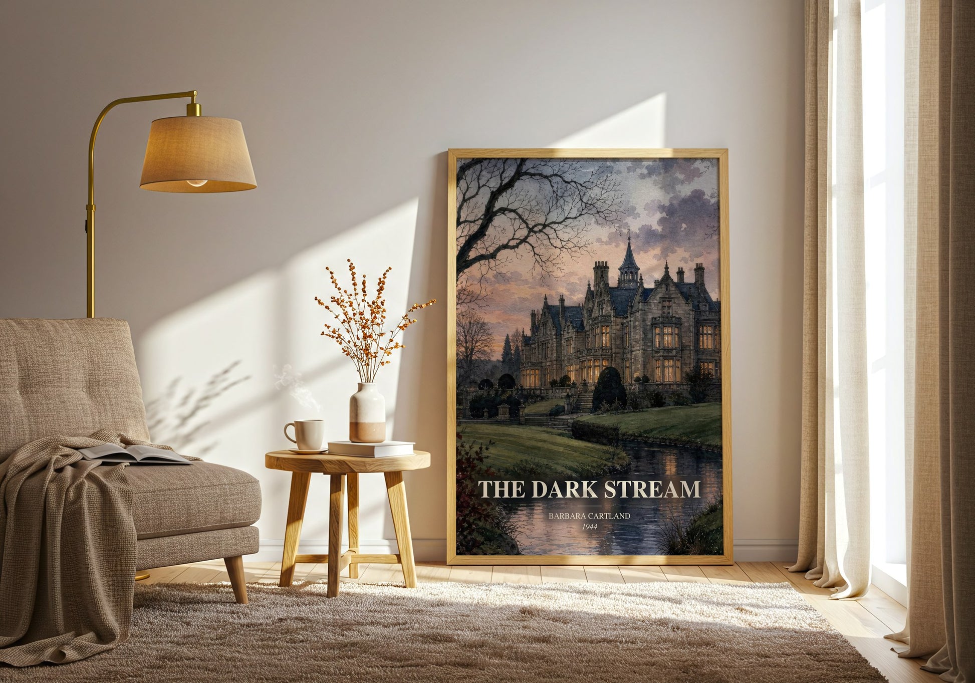 The Dark Stream watercolour print in frame leaning in hallway – romance wall art