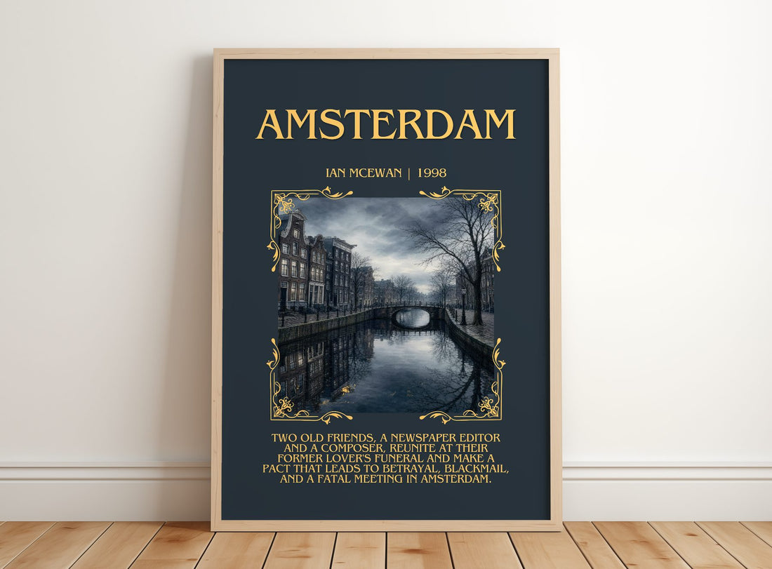 Amsterdam Minimalist Book Poster by Ian McEwan – framed print leaning on a wooden floor