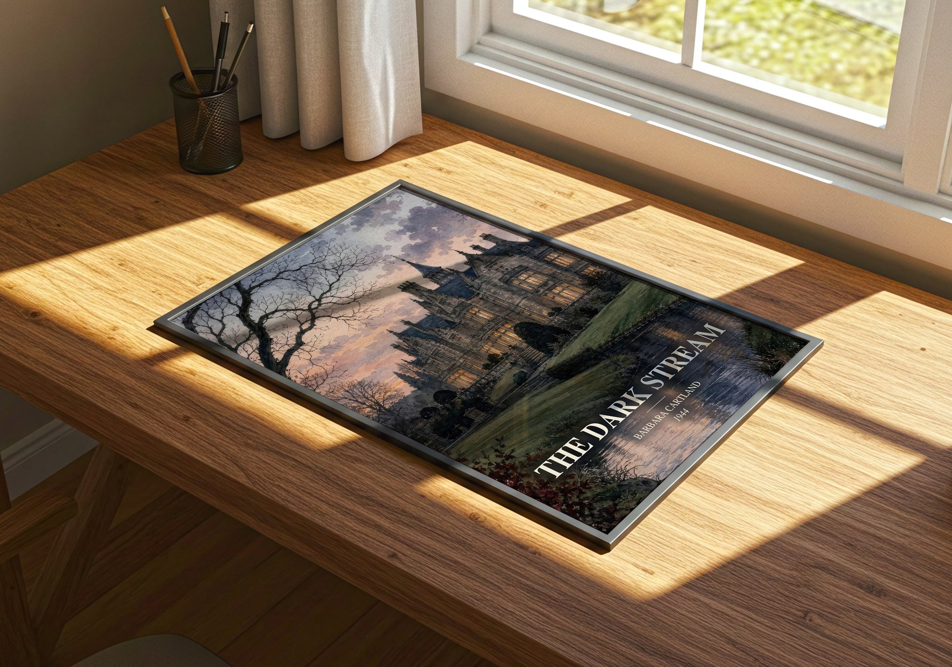 The Dark Stream watercolour book poster framed on wall – romance wall art
