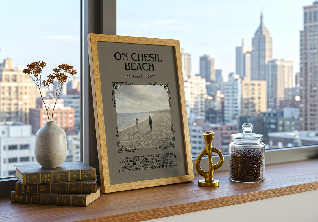 On Chesil Beach Minimalist Book Poster by Ian McEwan – framed print on a city-view windowsill