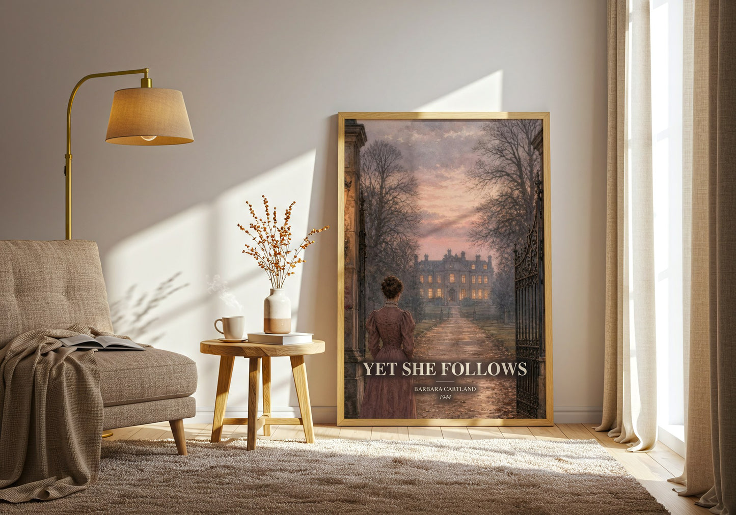 Yet She Follows watercolour print in frame leaning in hallway – romance wall art