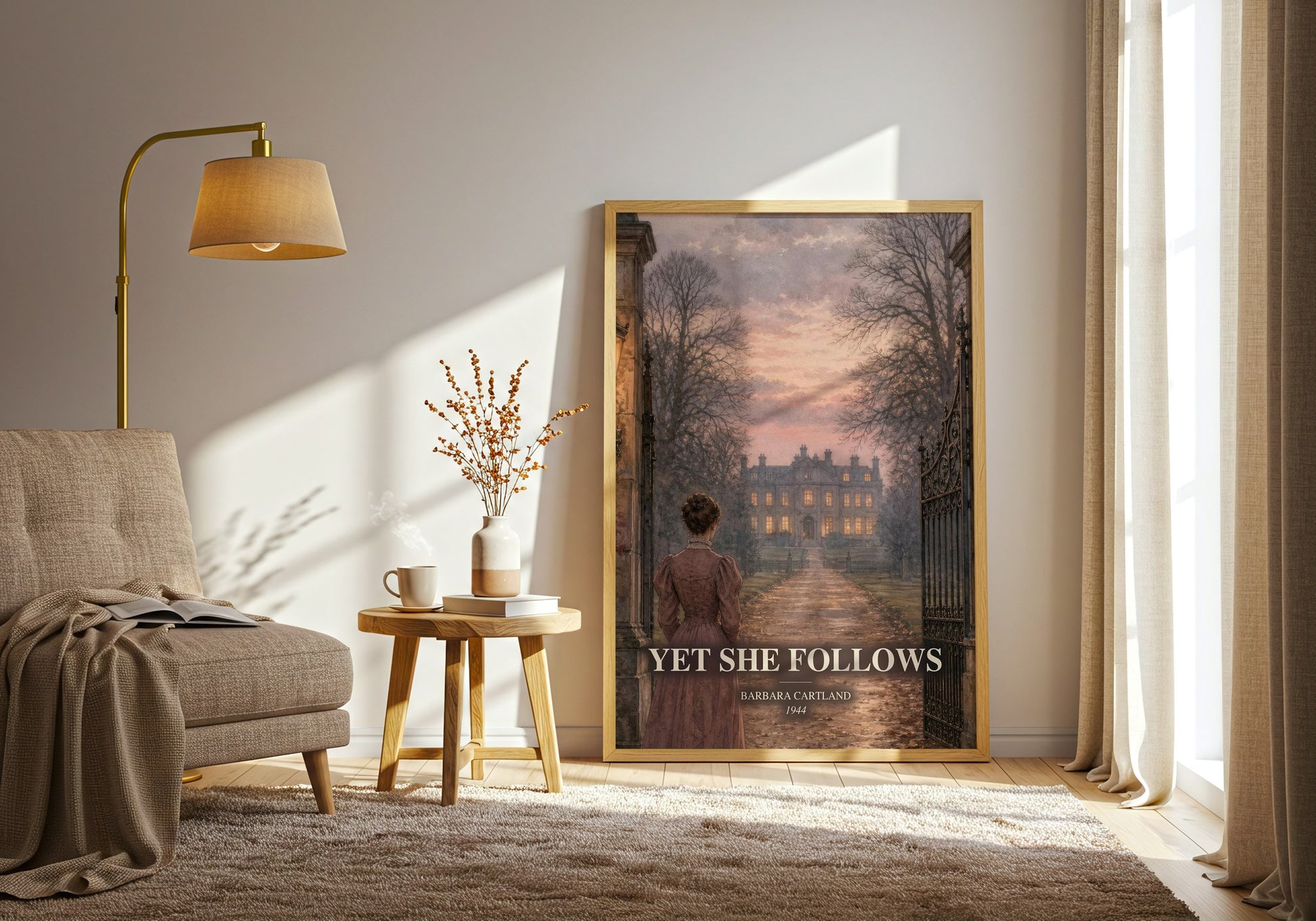 Yet She Follows watercolour print in frame leaning in hallway – romance wall art