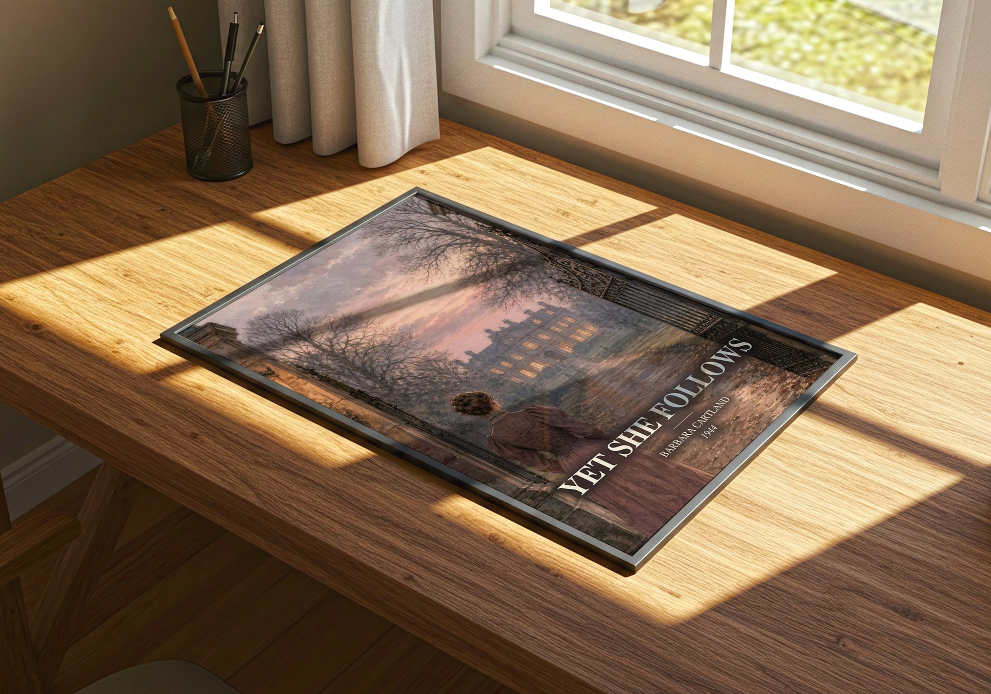 Yet She Follows watercolour book poster framed on wall – romance wall art