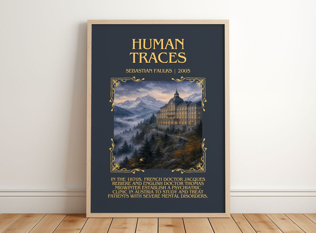 Human Traces Minimalist Book Poster by Sebastian Faulks – framed print leaning on a wooden floor
