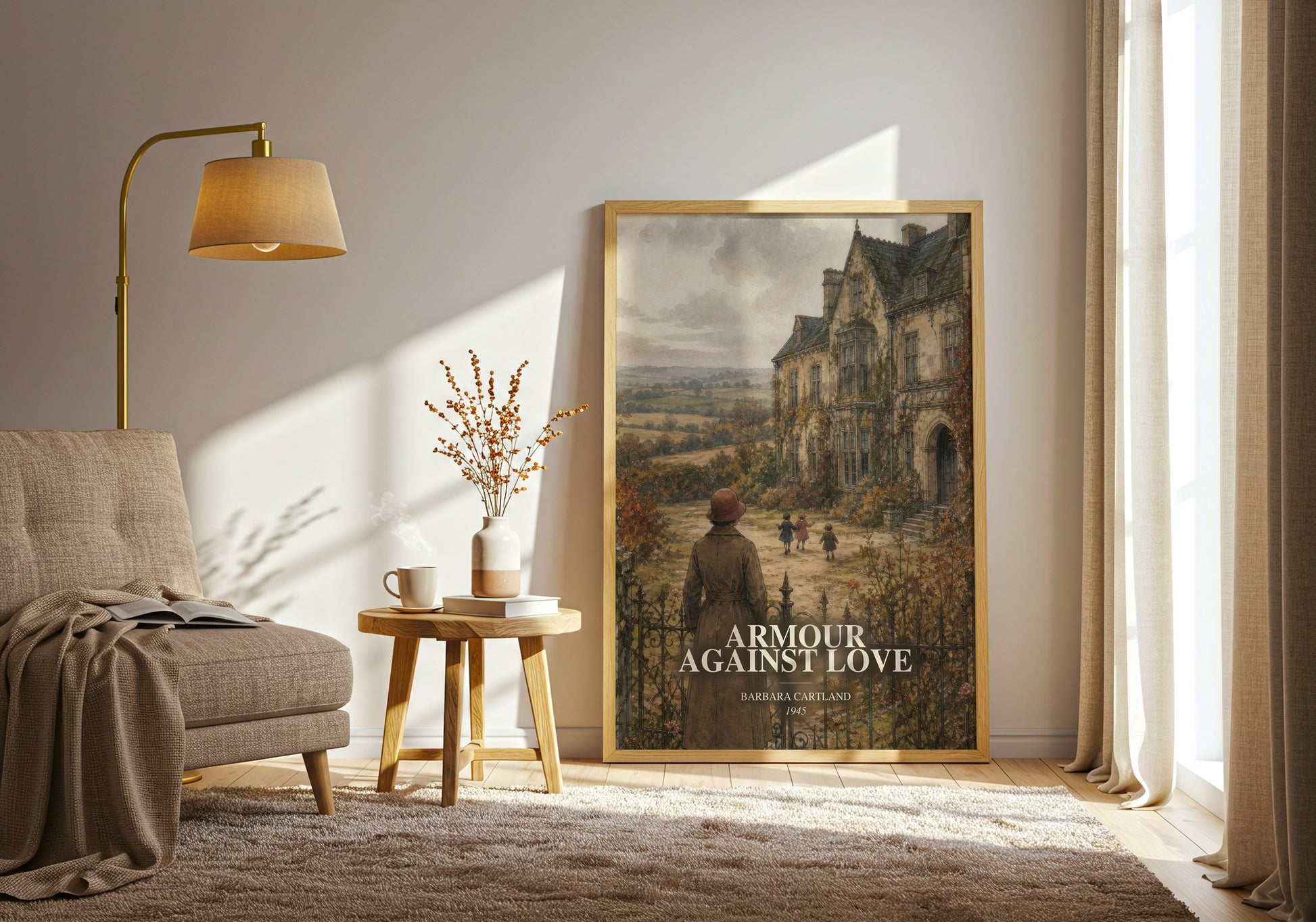 Armour Against Love watercolour print in frame leaning in hallway – romance wall art