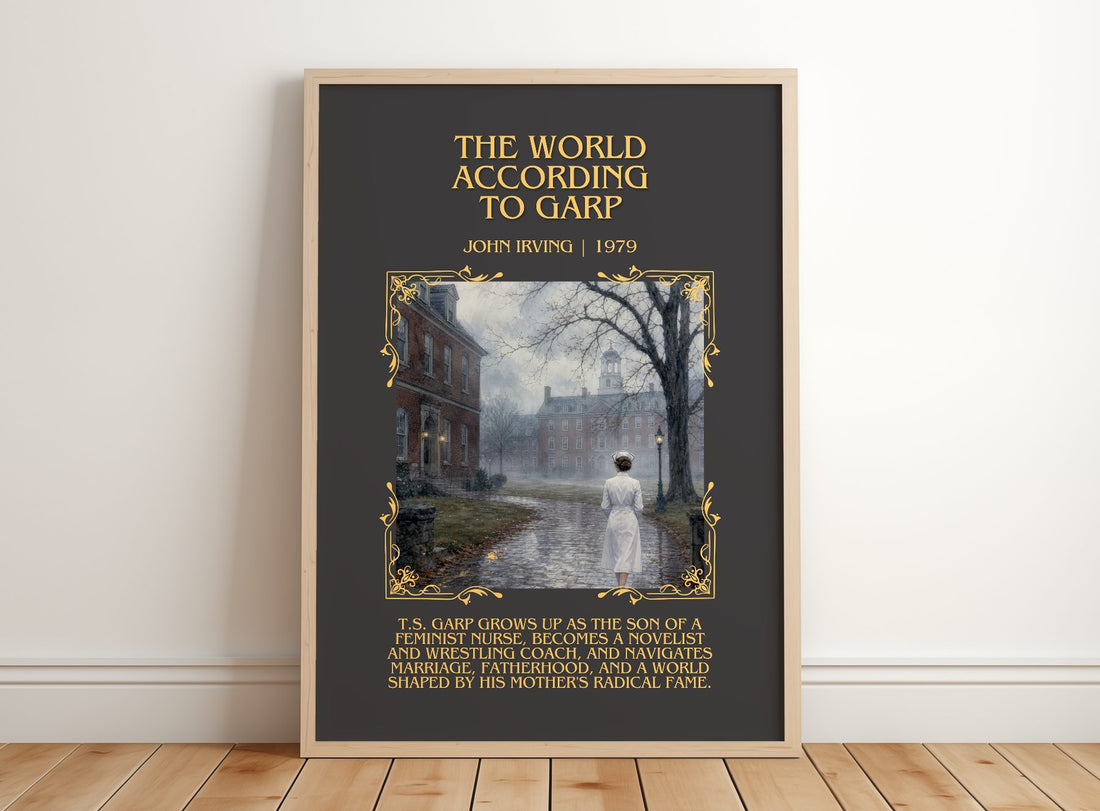 The World According to Garp Minimalist Book Poster by John Irving – framed print leaning on a wooden floor