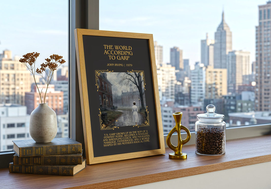 The World According to Garp Minimalist Book Poster by John Irving – framed print on a city-view windowsill