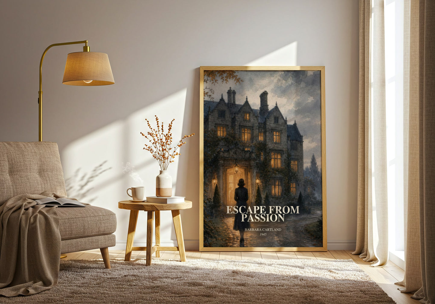 Escape From Passion watercolour print in frame leaning in hallway – romance wall art