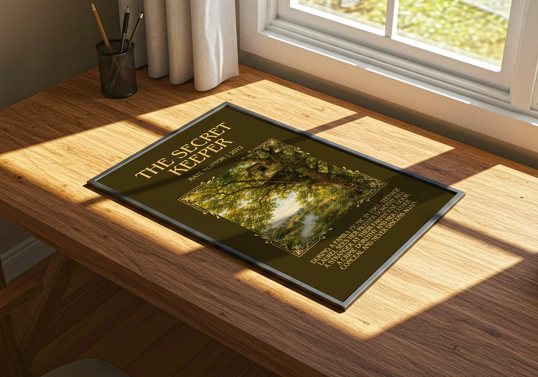 The Secret Keeper Minimalist Book Poster by Kate Morton – print on a sunlit desk