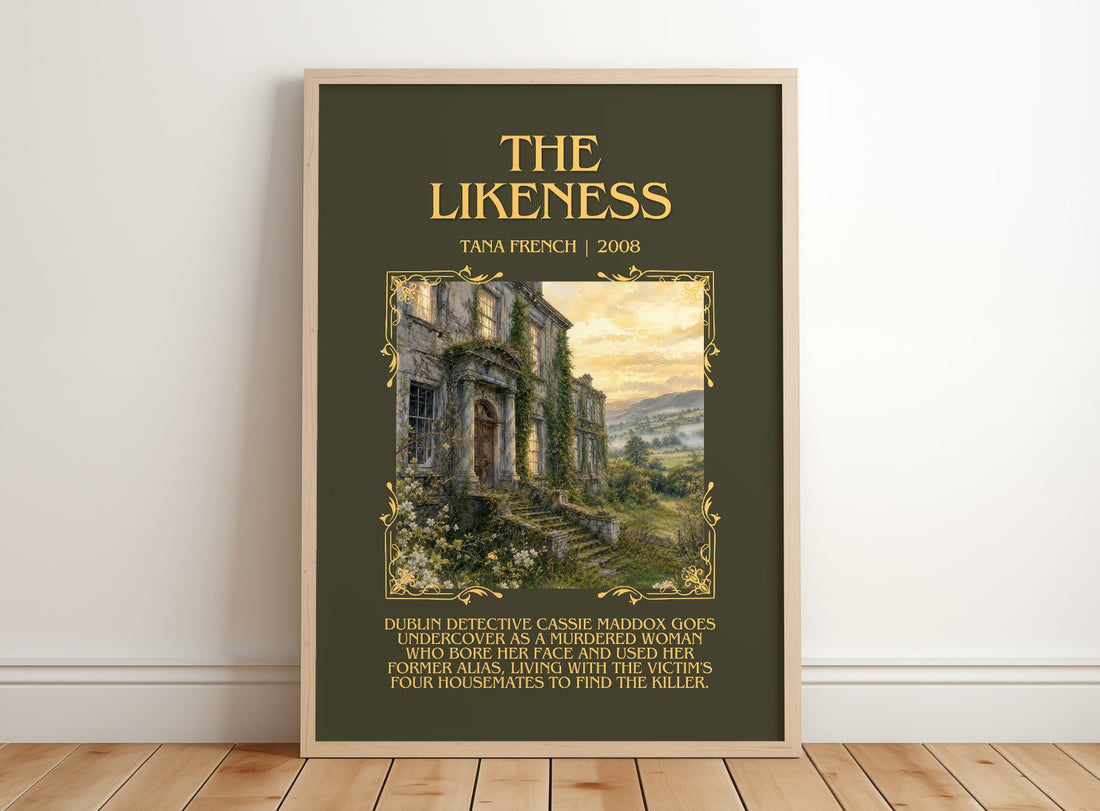 The Likeness Minimalist Book Poster by Tana French – framed print leaning on a wooden floor