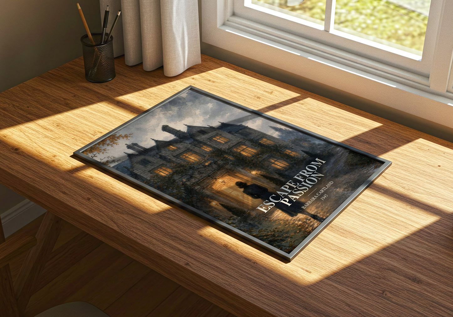 Escape From Passion watercolour book poster framed on wall – romance wall art