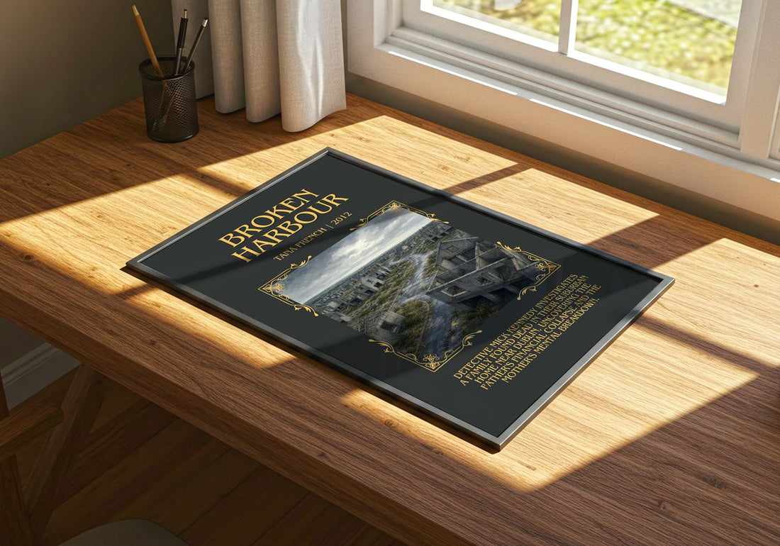 Broken Harbour Minimalist Book Poster by Tana French – print on a sunlit desk