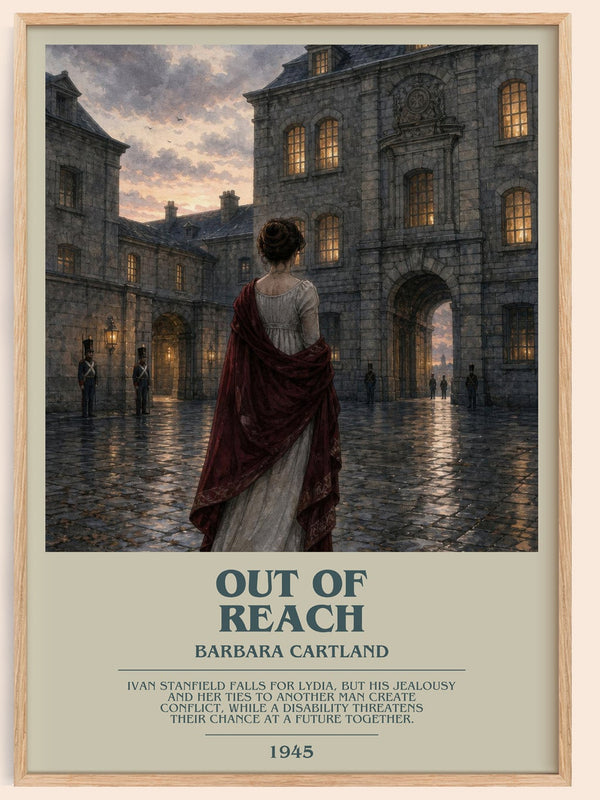 Out Of Reach bookish book poster by Barbara Cartland – framed literary art print