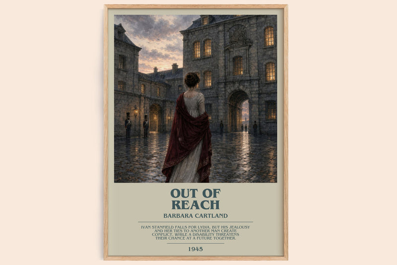 Out Of Reach bookish book poster by Barbara Cartland – framed literary art print