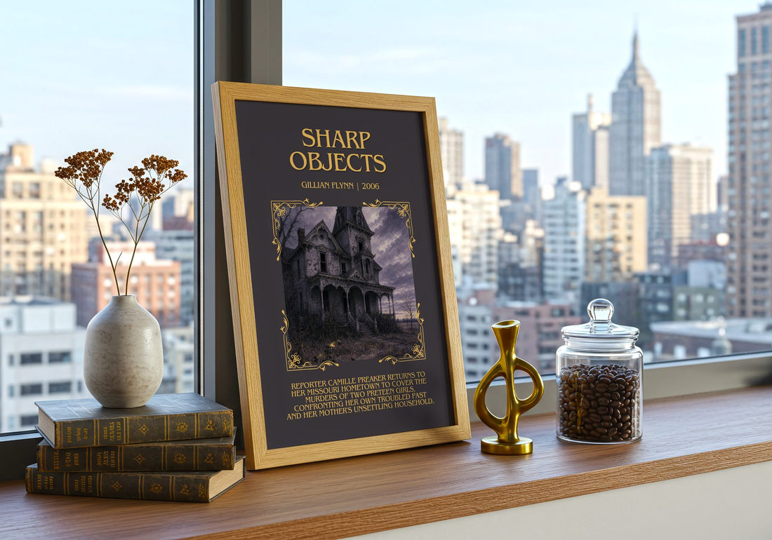 Sharp Objects Minimalist Book Poster by Gillian Flynn – framed print on a city-view windowsill