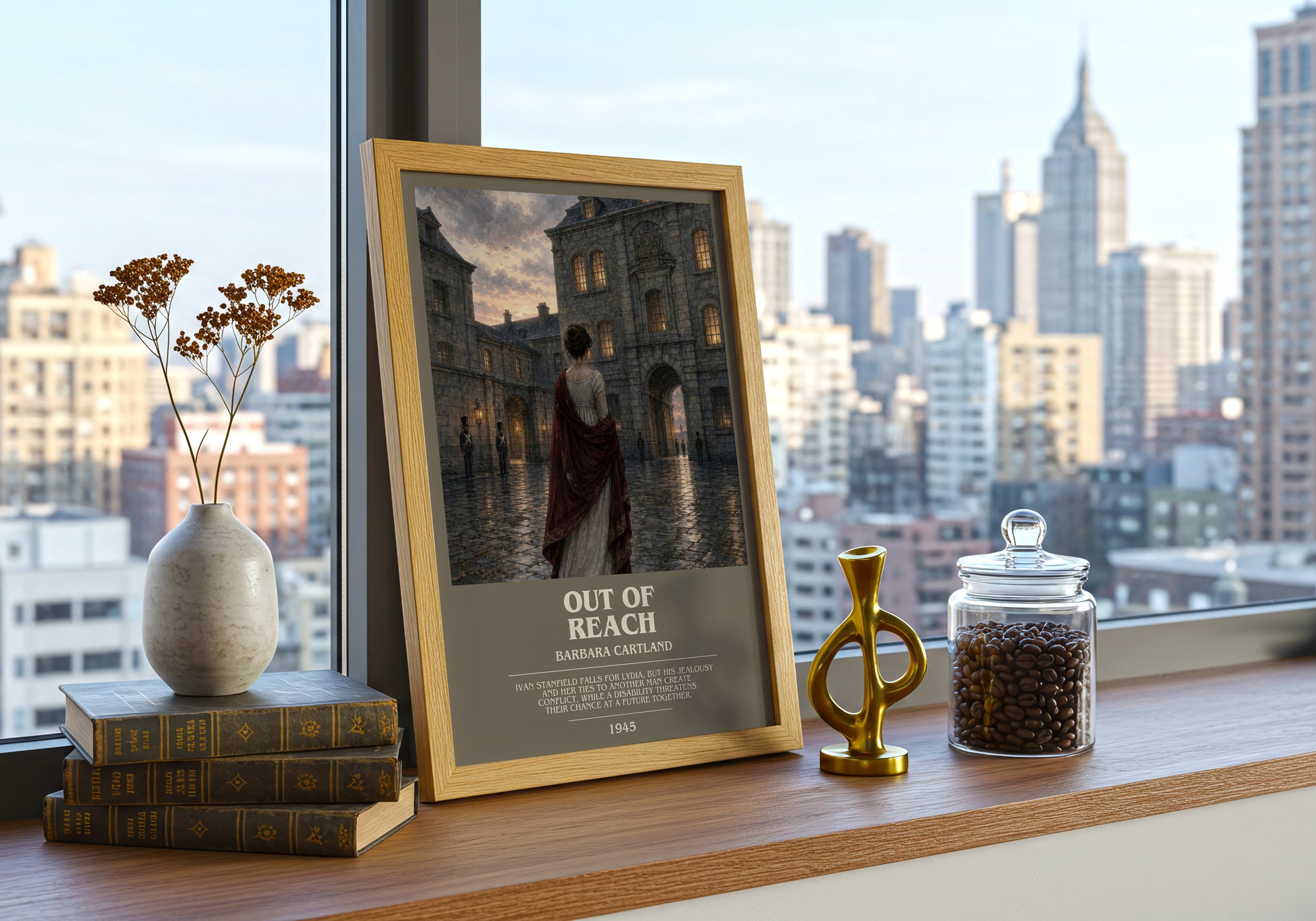 Out Of Reach bookish print framed by window – literary home decor