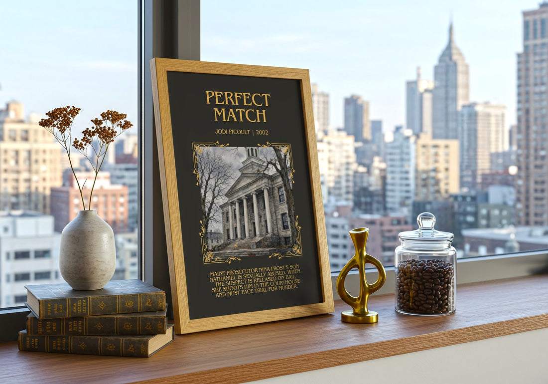 Perfect Match Minimalist Book Poster by Jodi Picoult – framed print on a city-view windowsill