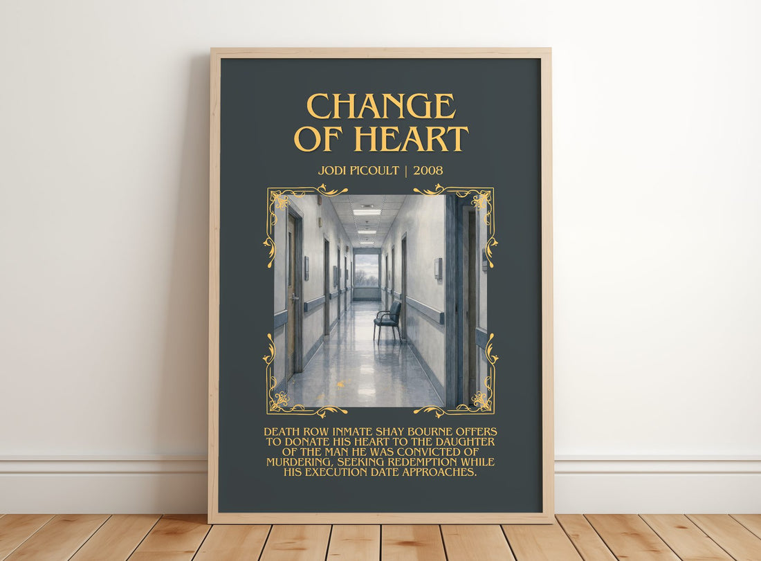 Change of Heart Minimalist Book Poster by Jodi Picoult – framed print leaning on a wooden floor