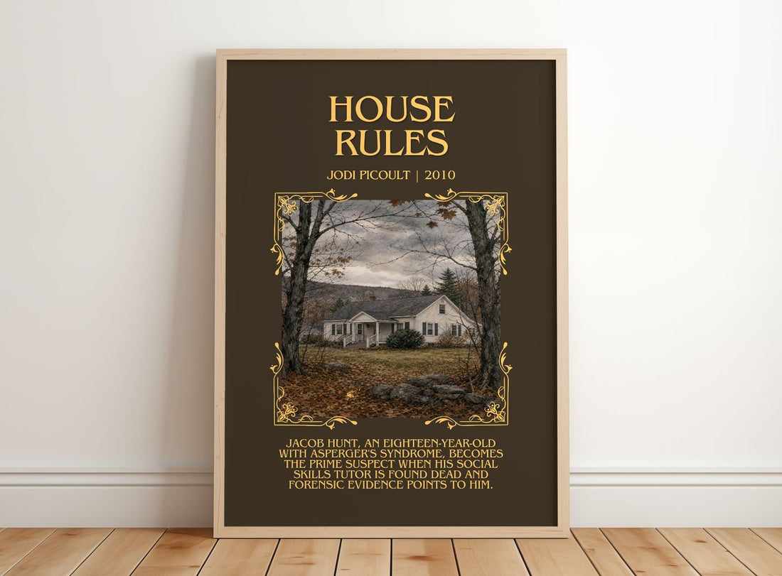 House Rules Minimalist Book Poster by Jodi Picoult – framed print leaning on a wooden floor