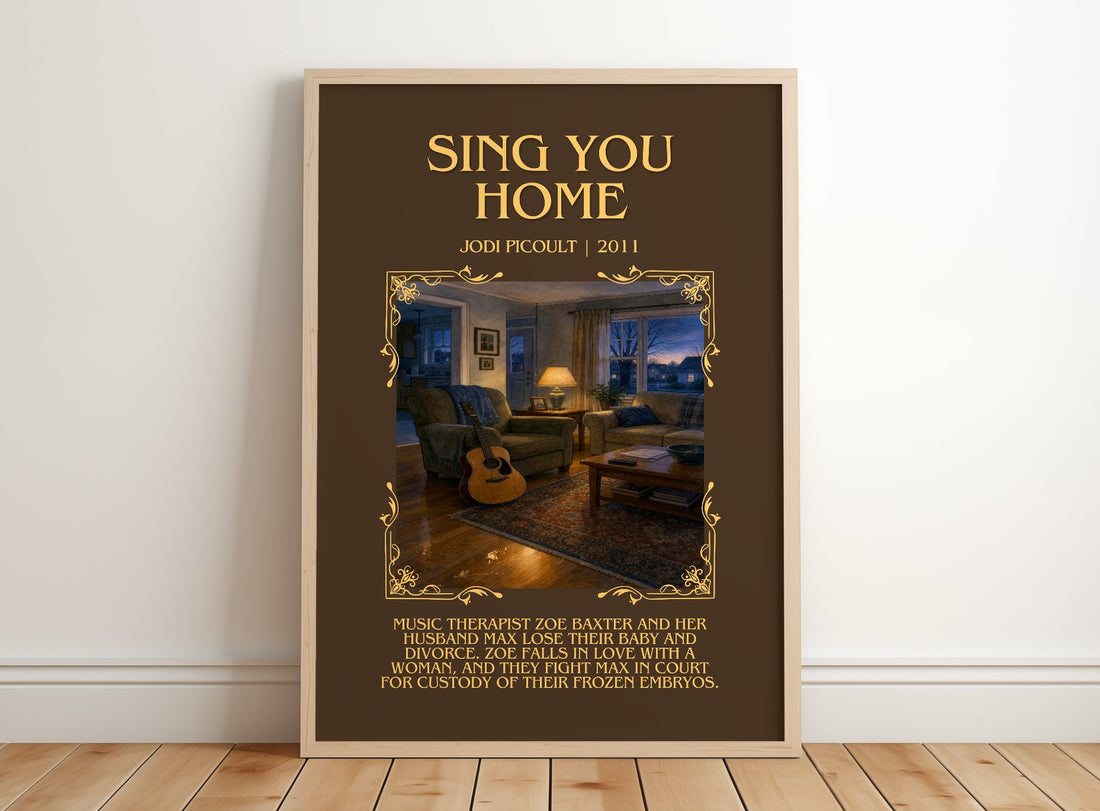 Sing You Home Minimalist Book Poster by Jodi Picoult – framed print leaning on a wooden floor