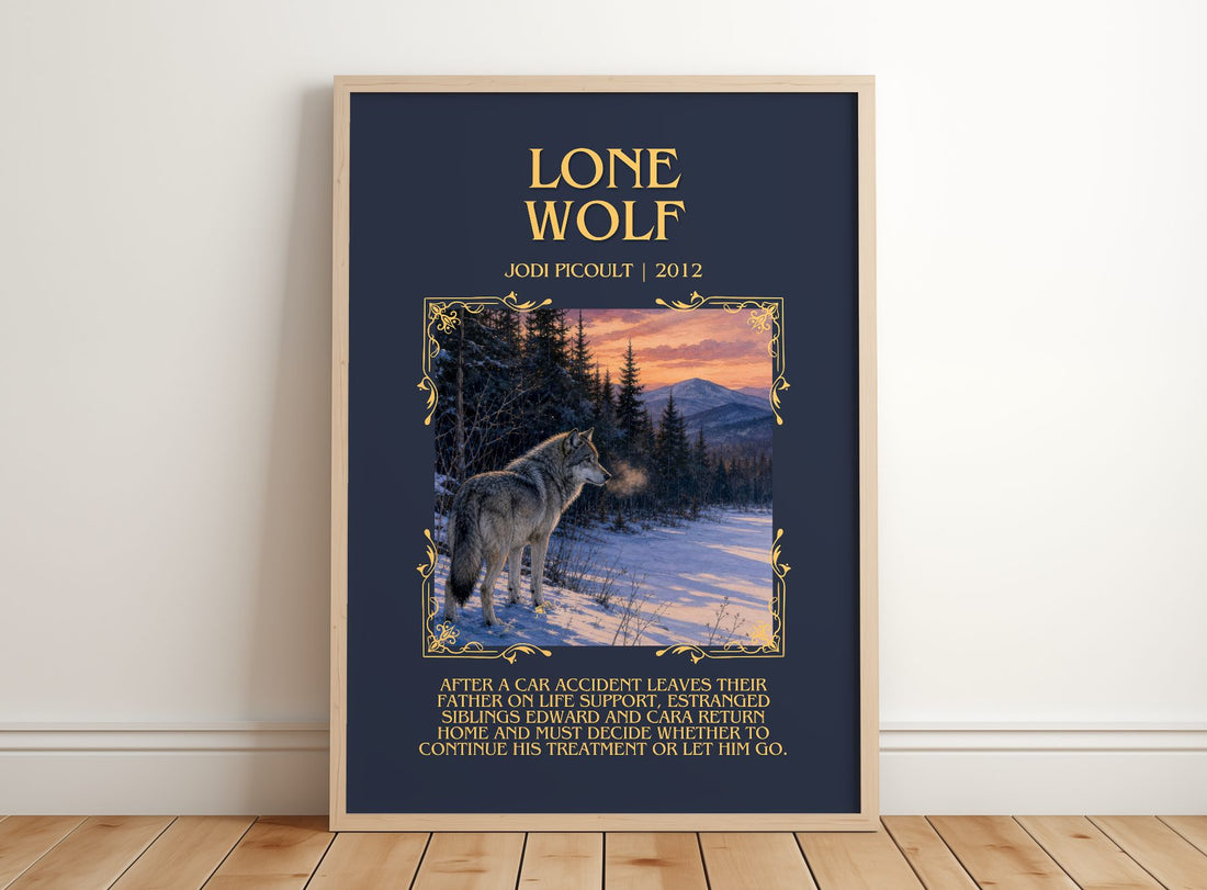 Lone Wolf Minimalist Book Poster by Jodi Picoult – framed print leaning on a wooden floor