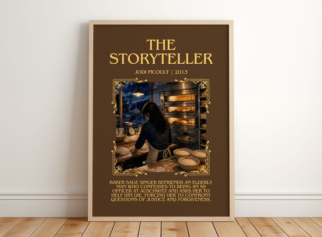The Storyteller Minimalist Book Poster by Jodi Picoult – framed print leaning on a wooden floor