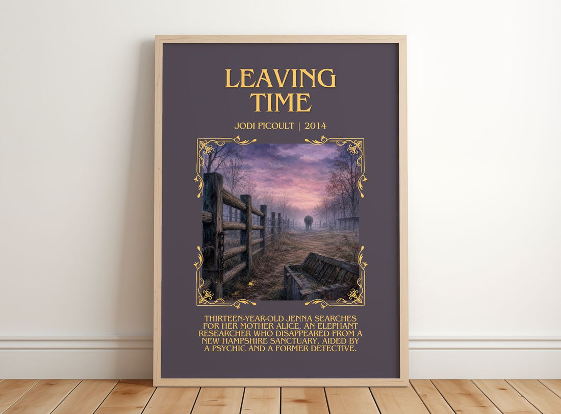 Leaving Time Minimalist Book Poster by Jodi Picoult – framed print leaning on a wooden floor