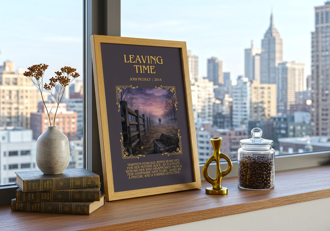 Leaving Time Minimalist Book Poster by Jodi Picoult – framed print on a city-view windowsill