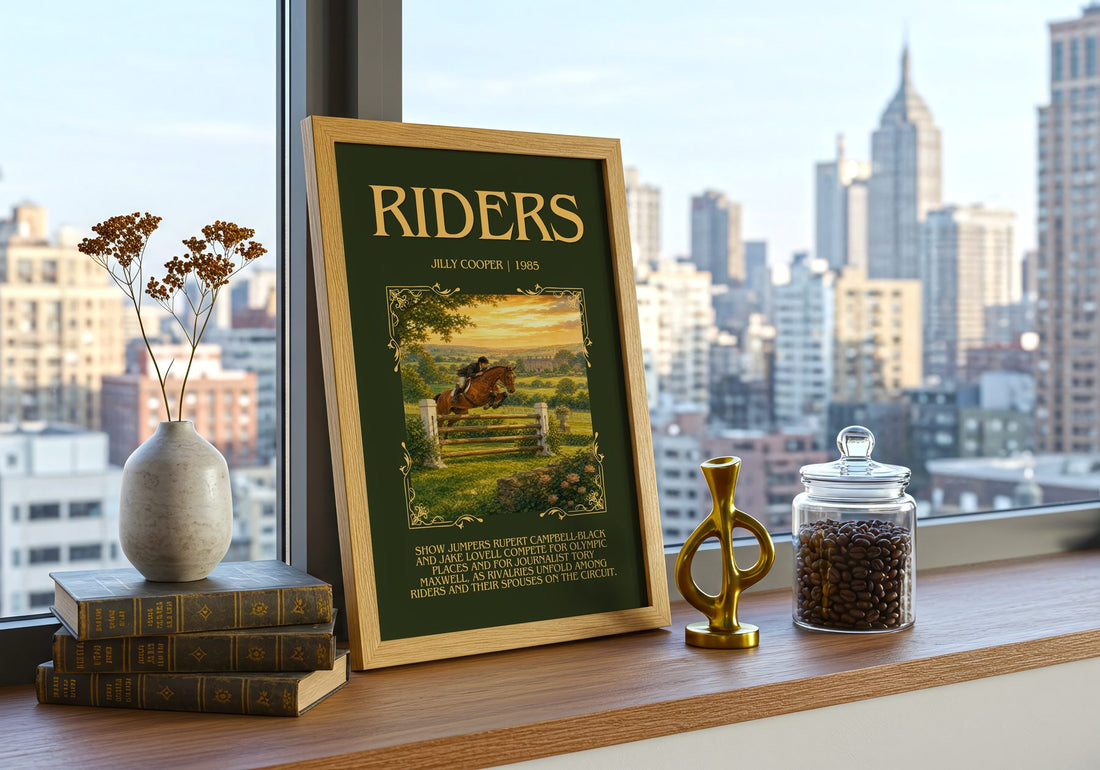 Riders Minimalist Book Poster by Jilly Cooper – framed print on a city-view windowsill