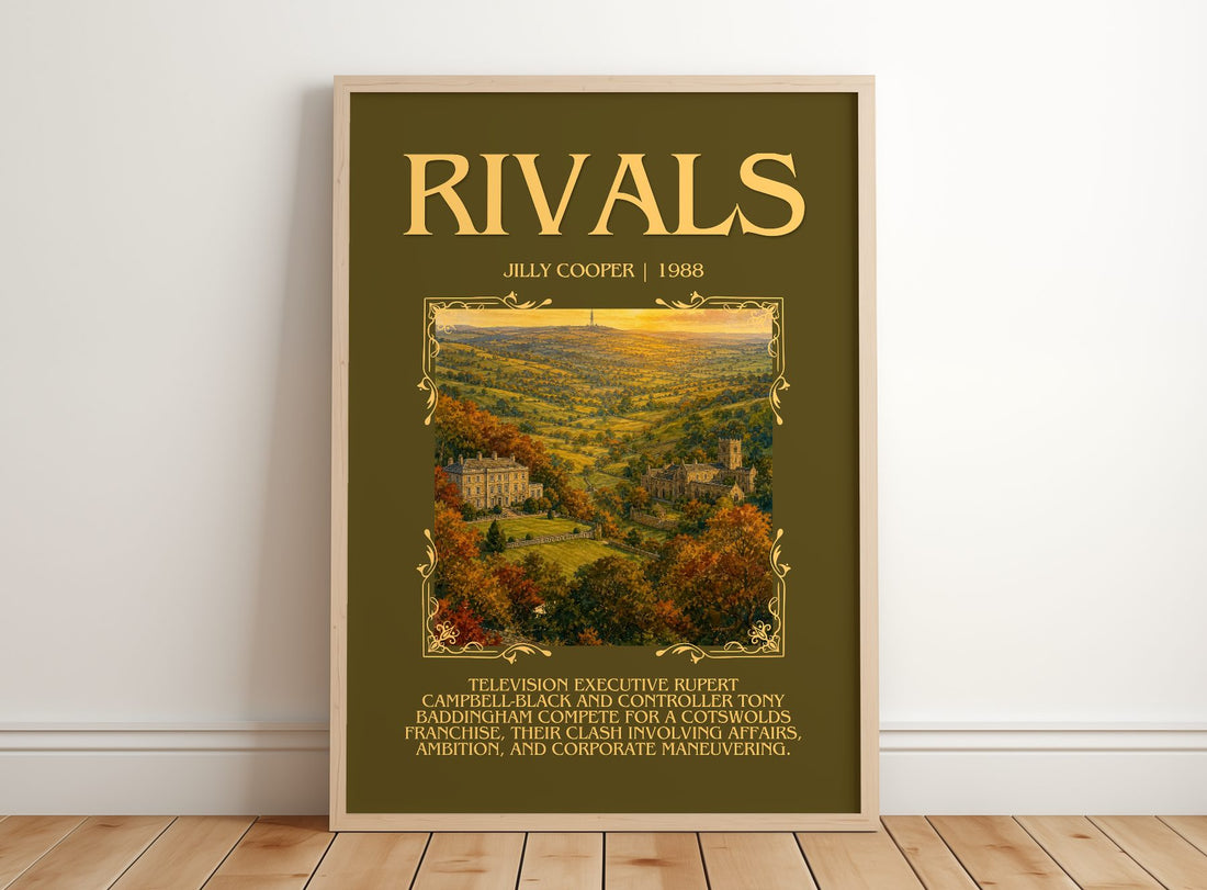 Rivals Minimalist Book Poster by Jilly Cooper – framed print leaning on a wooden floor