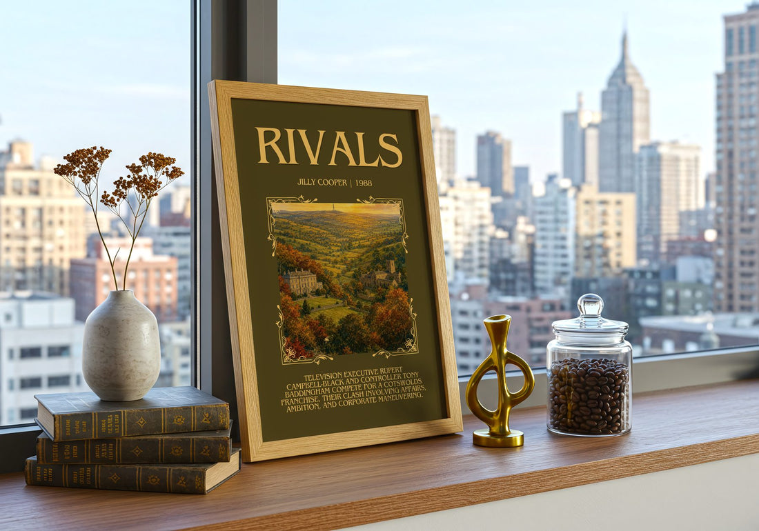 Rivals Minimalist Book Poster by Jilly Cooper – framed print on a city-view windowsill