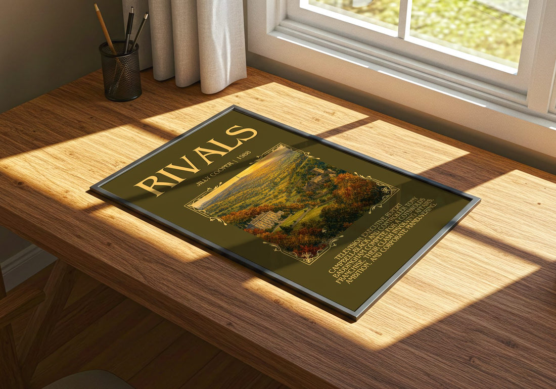 Rivals Minimalist Book Poster by Jilly Cooper – print on a sunlit desk