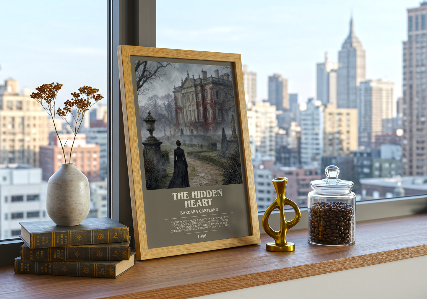 The Hidden Heart bookish print framed by window – literary home decor
