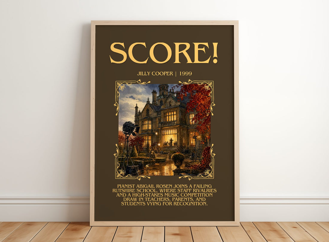 Score! Minimalist Book Poster by Jilly Cooper – framed print leaning on a wooden floor