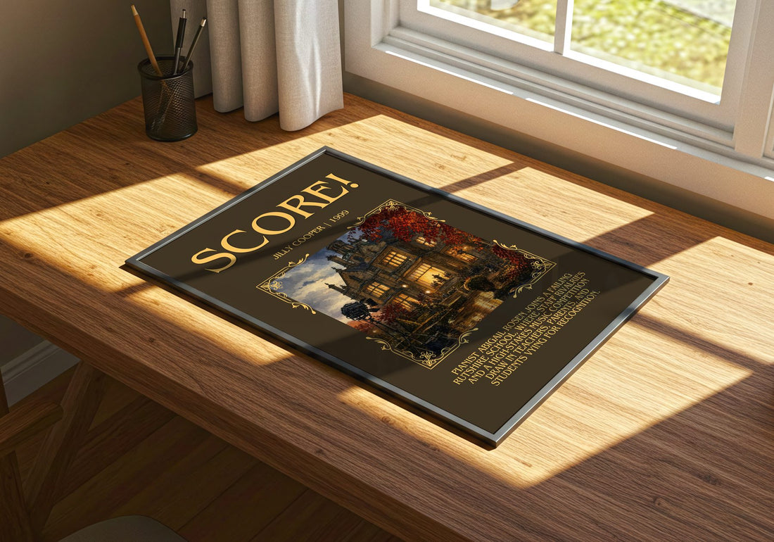 Score! Minimalist Book Poster by Jilly Cooper – print on a sunlit desk