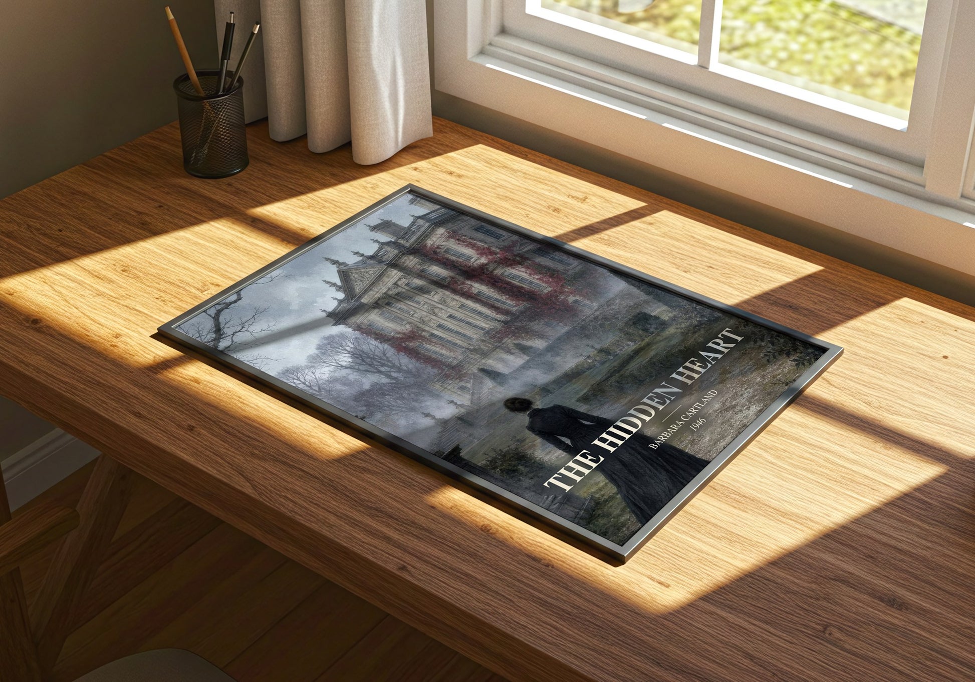The Hidden Heart watercolour book poster framed on wall – romance wall art