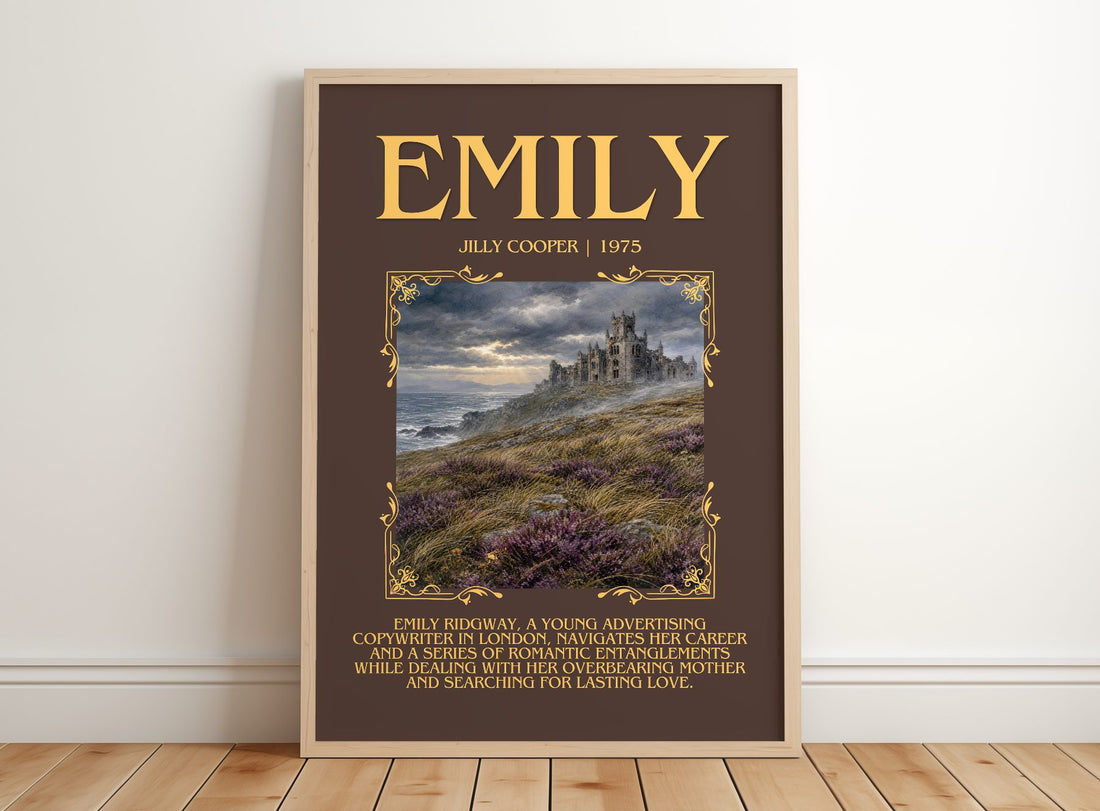 Emily Minimalist Book Poster by Jilly Cooper – framed print leaning on a wooden floor